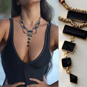 Free People Lately Necklace Gold Black NWT Bohemian Goddess Layered Statement